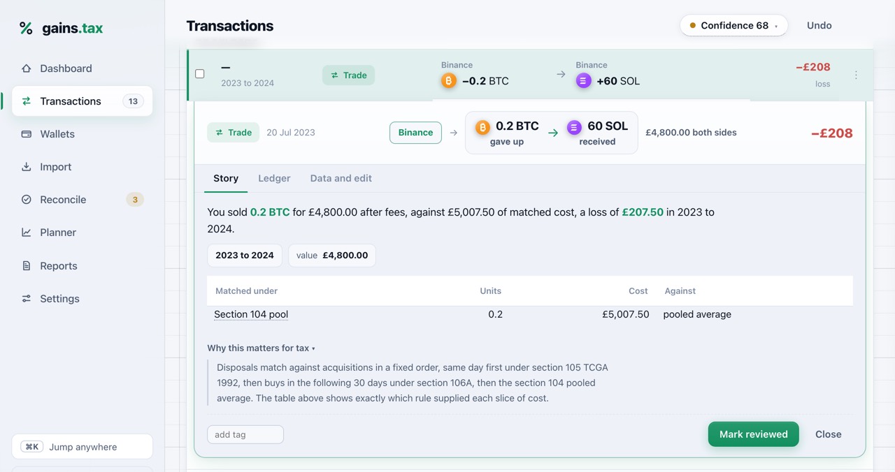 A disposal expanded in the app, 0.2 BTC matched against the section 104 pooled average, with the statutory matching order explained on the row