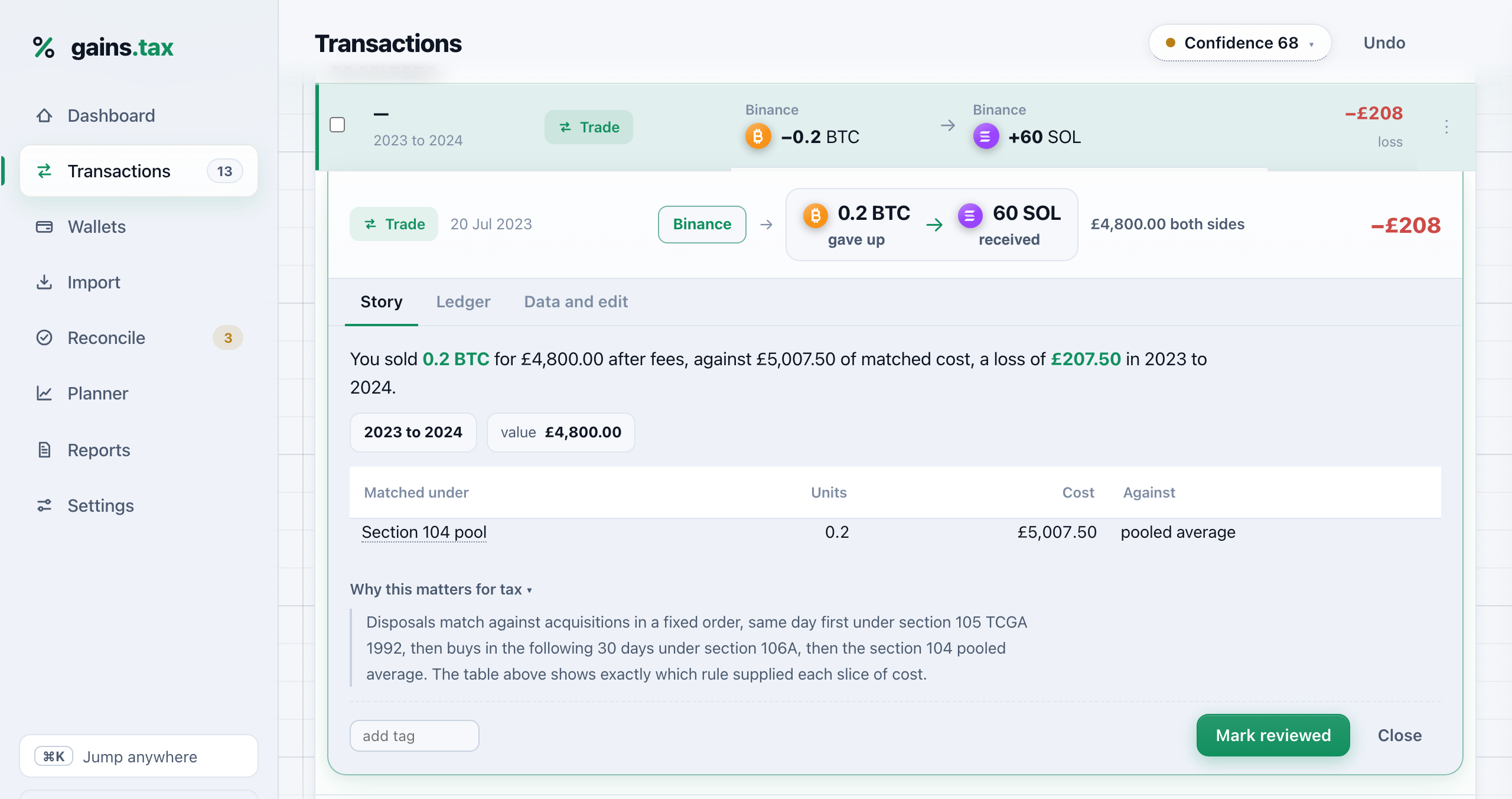A disposal expanded in the app, 0.2 BTC matched against the section 104 pooled average, with the statutory matching order explained on the row