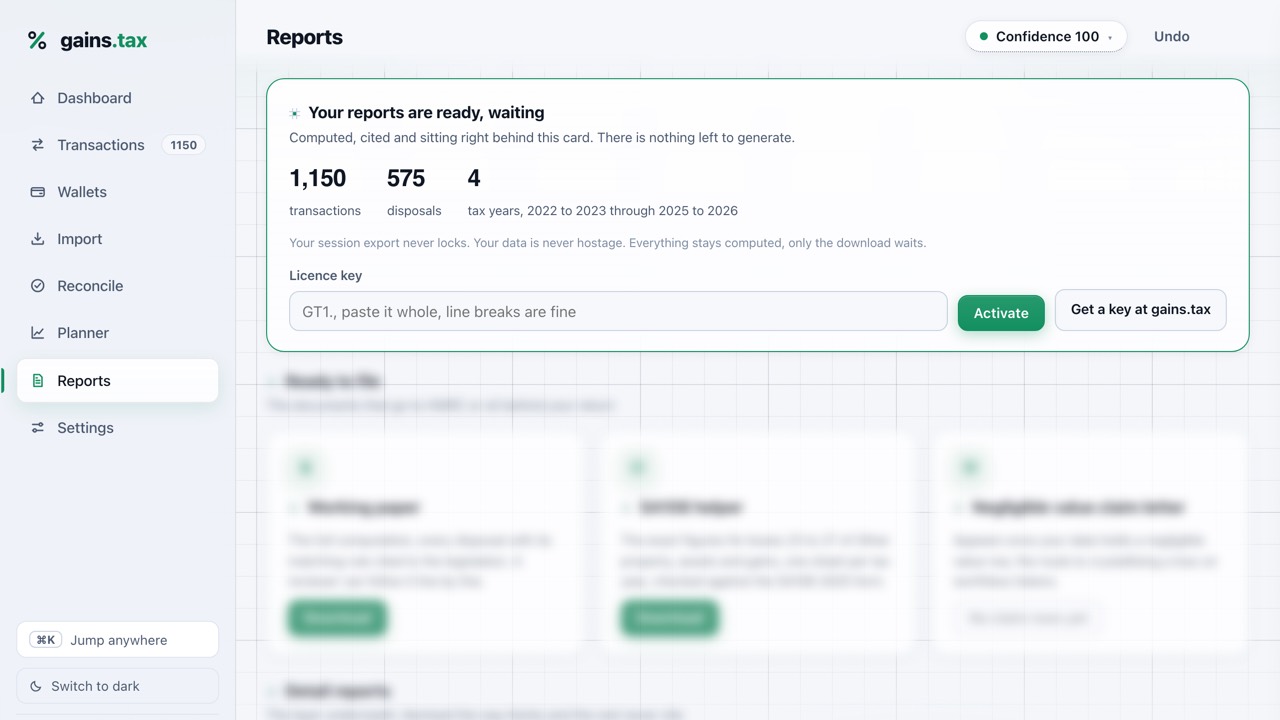 The app's report view over the free limit: your reports are ready, waiting, real figures shown, the report grid computed behind frosted glass, a licence key field, and the note that your session export never locks.